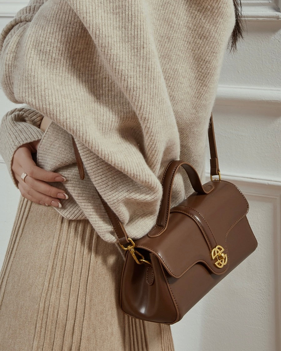 Women's Genuine Leather Top-Handle Bag with Signature Gilded Lock Closure