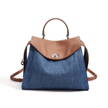 Women’s Genuine Leather & Denim Patchwork Backpack – Large Capacity Commuter Bag